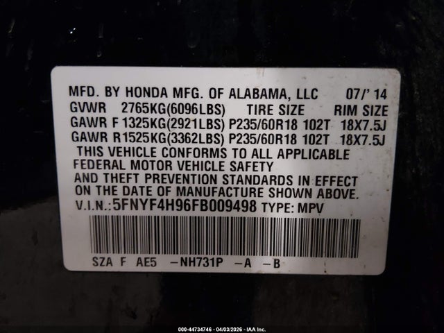 Продаж на аукціоні авто 2015 Honda Pilot Touring, vin: 5FNYF4H96FB009498, номер лоту: 44734746