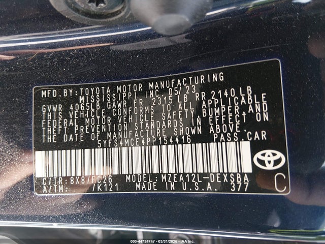 Aukcja sprzedaży 2023 Toyota Corolla Se, vin: 5YFS4MCE4PP154416, numer aukcji: 44734747