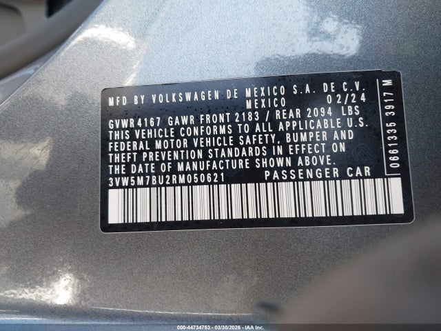 2024 Volkswagen Jetta 1.5t S მანქანა იყიდება აუქციონზე, vin: 3VW5M7BU2RM050621, აუქციონის ნომერი: 44734753