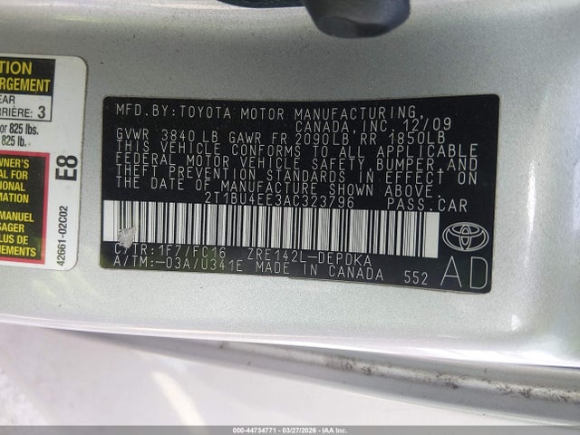 Aukcja sprzedaży 2010 Toyota Corolla Le, vin: 2T1BU4EE3AC323796, numer aukcji: 44734771