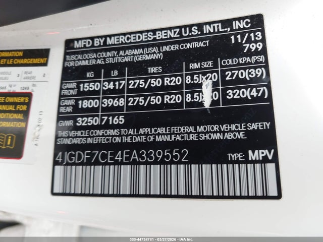 44734781 :رقم المزاد ، 4JGDF7CE4EA339552 vin ، 2014 Mercedes-benz Gl 450 4matic مزاد بيع