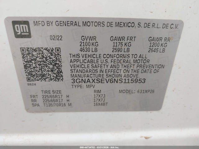 44734782 :رقم المزاد ، 3GNAXSEV6NS115953 vin ، 2022 Chevrolet Equinox Awd Ls مزاد بيع
