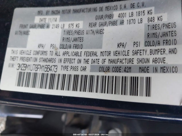 44734789 :رقم المزاد ، 3MZBM1U78FM166473 vin ، 2015 Mazda Mazda3 I Sport مزاد بيع