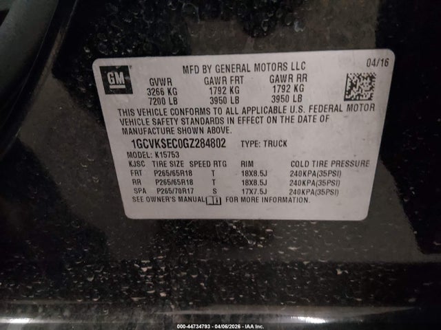 Продажа на аукционе авто 2016 Chevrolet Silverado 1500 2lz, vin: 1GCVKSEC0GZ284802, номер лота: 44734793