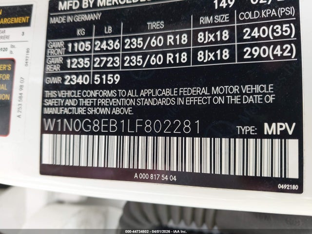 Aukcja sprzedaży 2020 Mercedes-benz Glc 300 4matic, vin: W1N0G8EB1LF802281, numer aukcji: 44734802