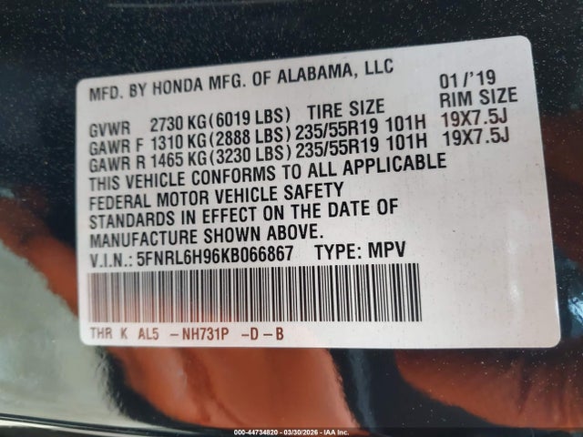 Aukcja sprzedaży 2019 Honda Odyssey Elite, vin: 5FNRL6H96KB066867, numer aukcji: 44734820