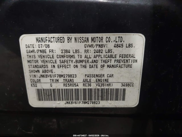 44734827 :رقم المزاد ، JNKBV61F78M279823 vin ، 2008 Infiniti G35x مزاد بيع