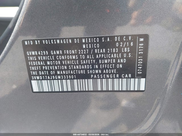 44734832 :رقم المزاد ، 3VWD17AJ9GM333901 vin ، 2016 Volkswagen Jetta 1.8t Sport مزاد بيع