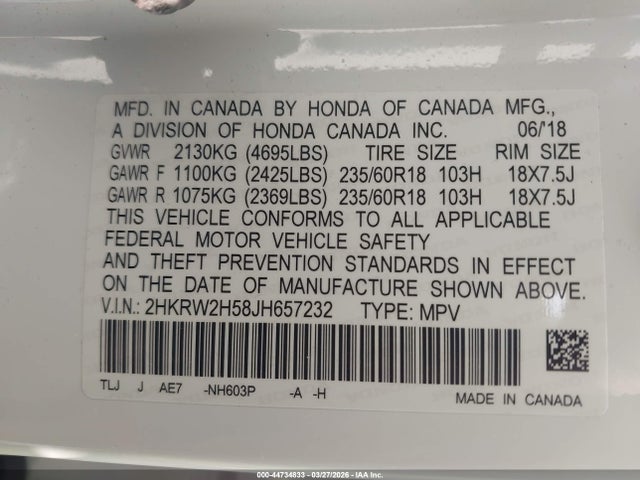 44734833 :رقم المزاد ، 2HKRW2H58JH657232 vin ، 2018 Honda Cr-v Ex مزاد بيع