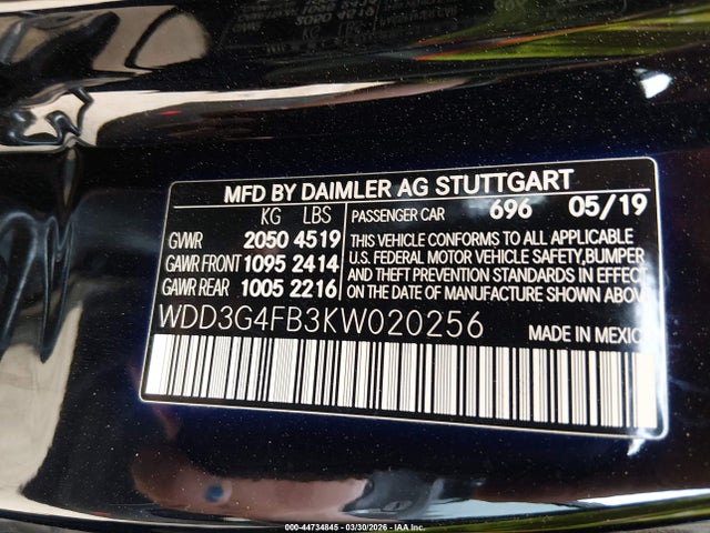 44734845 :رقم المزاد ، WDD3G4FB3KW020256 vin ، 2019 Mercedes-benz A 220 4matic مزاد بيع