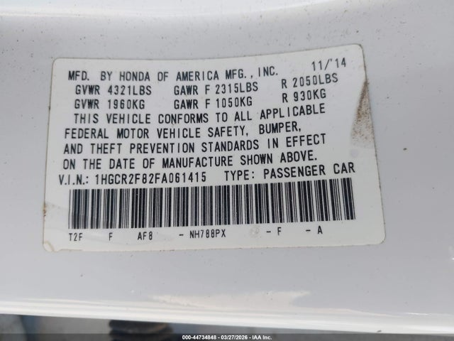 Продажа на аукционе авто 2015 Honda Accord Ex-l, vin: 1HGCR2F82FA061415, номер лота: 44734848