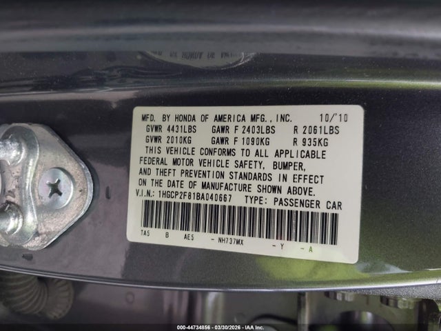 44734856 :رقم المزاد ، 1HGCP2F81BA040667 vin ، 2011 Honda Accord 2.4 Ex-l مزاد بيع