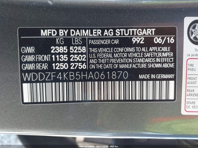 2017 Mercedes-benz E 300 4matic მანქანა იყიდება აუქციონზე, vin: WDDZF4KB5HA061870, აუქციონის ნომერი: 44734859