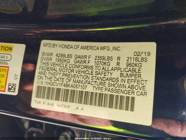 Honda ACCORD EX 2019 1HGCV1F48KA057107 Image 9