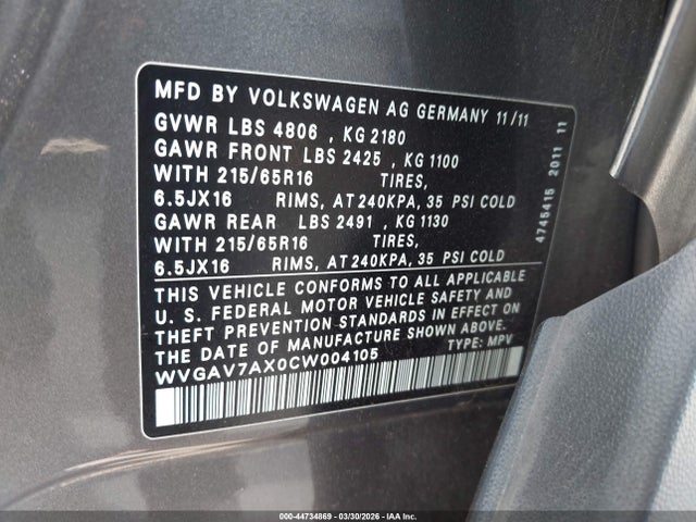 2012 Volkswagen Tiguan S მანქანა იყიდება აუქციონზე, vin: WVGAV7AX0CW004105, აუქციონის ნომერი: 44734869