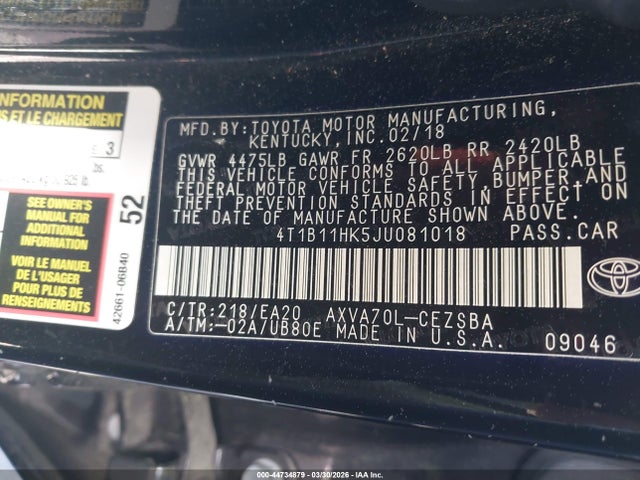 2018 Toyota Camry Se მანქანა იყიდება აუქციონზე, vin: 4T1B11HK5JU081018, აუქციონის ნომერი: 44734879