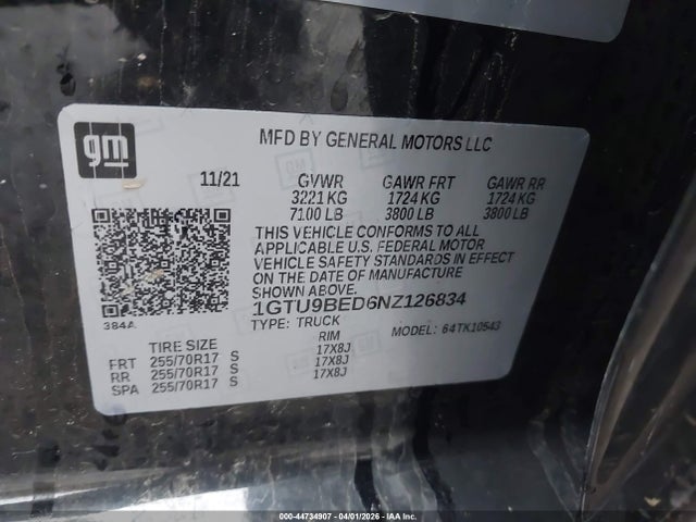 44734907 :رقم المزاد ، 1GTU9BED6NZ126834 vin ، 2022 Gmc Sierra 1500 Limited 4wd  Short Box Sle مزاد بيع