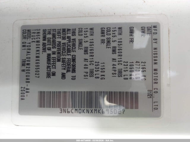 3N6CM0KNXMK695027 Nissan Nv200 Cargo S Xtronic Cvt