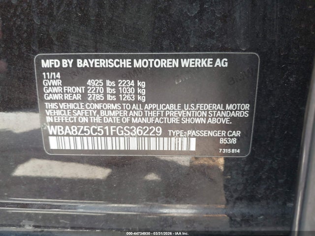 2015 Bmw 328i Gran Turismo Xdrive მანქანა იყიდება აუქციონზე, vin: WBA8Z5C51FGS36229, აუქციონის ნომერი: 44734930