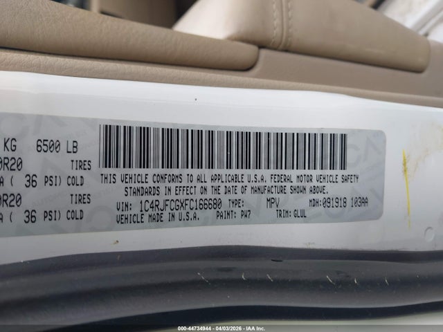 44734944 :رقم المزاد ، 1C4RJFCGXFC166680 vin ، 2015 Jeep Grand Cherokee Overland مزاد بيع