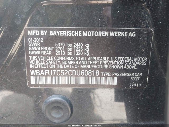 Aukcja sprzedaży 2012 Bmw 535i Xdrive, vin: WBAFU7C52CDU60818, numer aukcji: 44734946