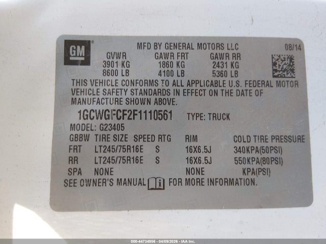 Продажа на аукционе авто 2015 Chevrolet Express 2500 Work Van, vin: 1GCWGFCF2F1110561, номер лота: 44734956