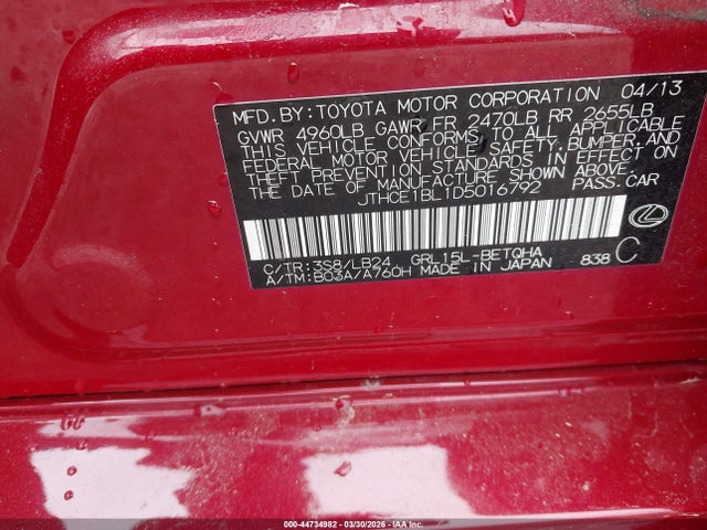 44734982 :رقم المزاد ، JTHCE1BL1D5016792 vin ، 2013 Lexus Gs 350 مزاد بيع