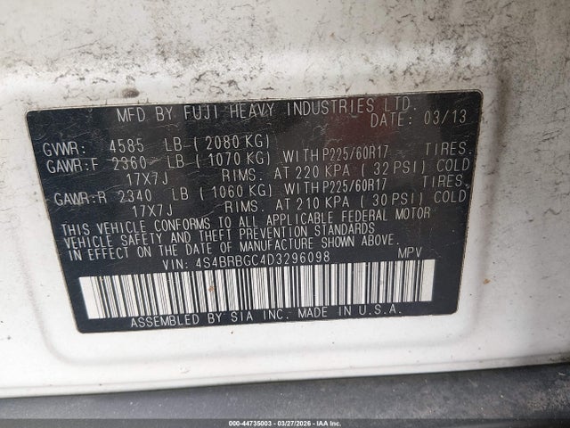 Aukcja sprzedaży 2013 Subaru Outback 2.5i Premium, vin: 4S4BRBGC4D3296098, numer aukcji: 44735003