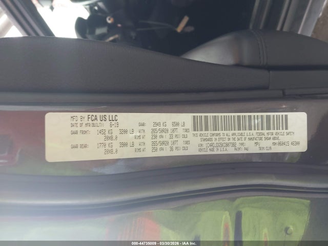 44735009 :رقم المزاد ، 1C4RDJDG5KC807382 vin ، 2019 Dodge Durango Gt Plus Awd مزاد بيع