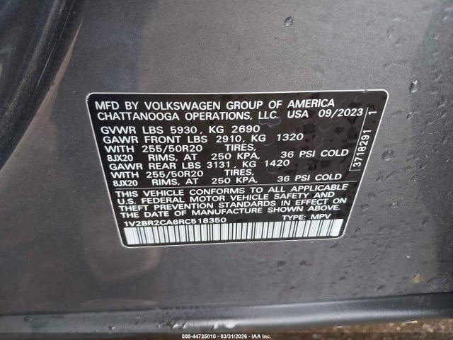 2024 Volkswagen Atlas 2.0t Sel მანქანა იყიდება აუქციონზე, vin: 1V2BR2CA6RC518350, აუქციონის ნომერი: 44735010