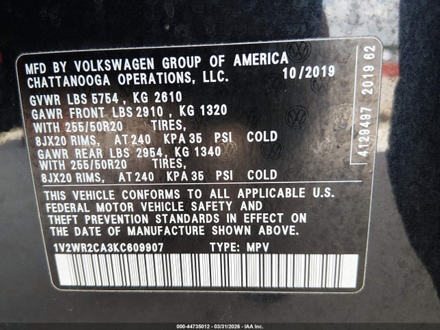 2019 VOLKSWAGEN ATLAS 1V2WR2CA3KC609907 Photo 8