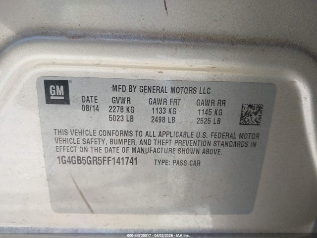 2015 Buick Lacrosse Leather მანქანა იყიდება აუქციონზე, vin: 1G4GB5GR5FF141741, აუქციონის ნომერი: 44735017