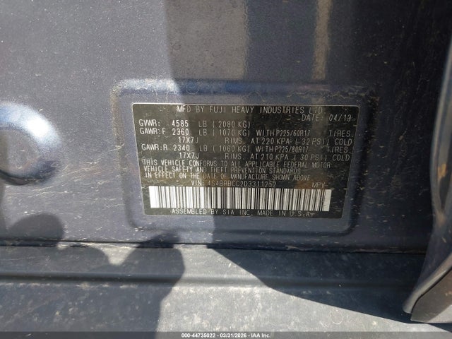 Aukcja sprzedaży 2013 Subaru Outback 2.5i Premium, vin: 4S4BRBCC2D3311252, numer aukcji: 44735022