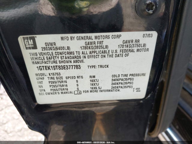 2003 Gmc Sierra 1500 Sle მანქანა იყიდება აუქციონზე, vin: 1GTEK19T83E377783, აუქციონის ნომერი: 44735023