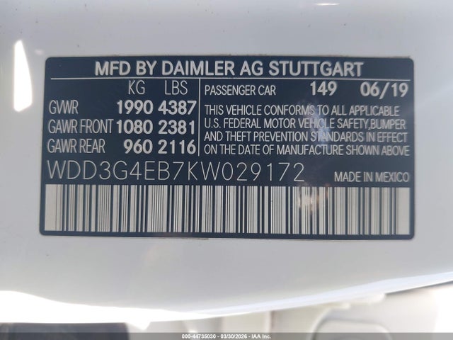 44735030 :رقم المزاد ، WDD3G4EB7KW029172 vin ، 2019 Mercedes-benz A 220 مزاد بيع