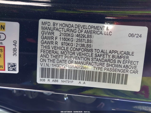 44735039 :رقم المزاد ، 1HGCY2F65RA072981 vin ، 2024 Honda Accord Hybrid Ex-l مزاد بيع