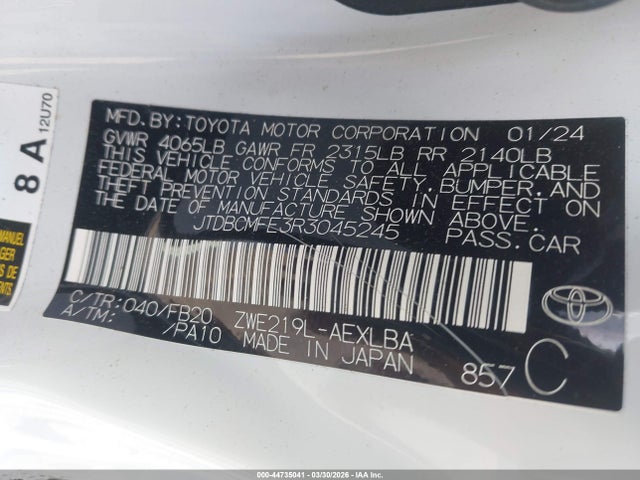 Продаж на аукціоні авто 2024 Toyota Corolla Hybrid Le, vin: JTDBCMFE3R3045245, номер лоту: 44735041
