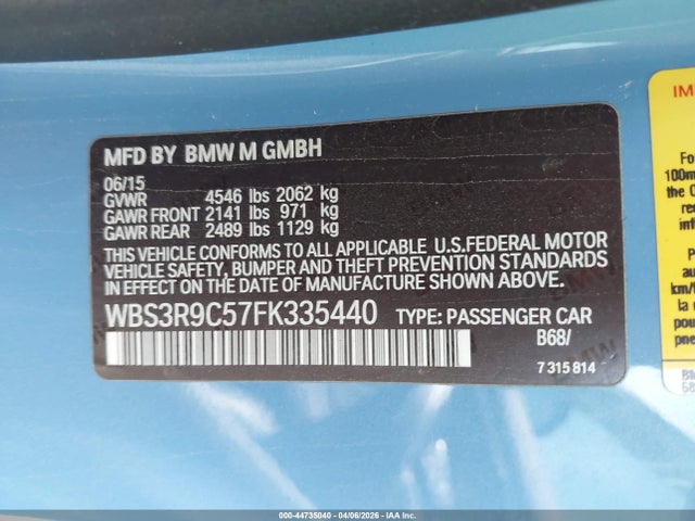 Aukcja sprzedaży 2015 Bmw M4, vin: WBS3R9C57FK335440, numer aukcji: 44735040