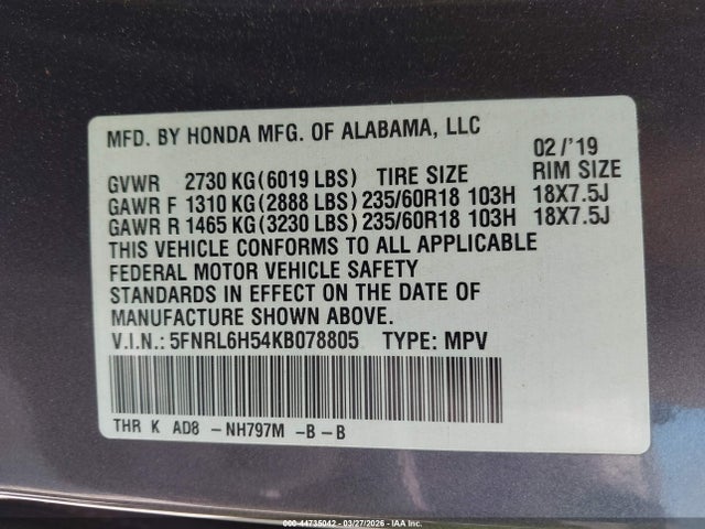 Aukcja sprzedaży 2019 Honda Odyssey Ex, vin: 5FNRL6H54KB078805, numer aukcji: 44735042