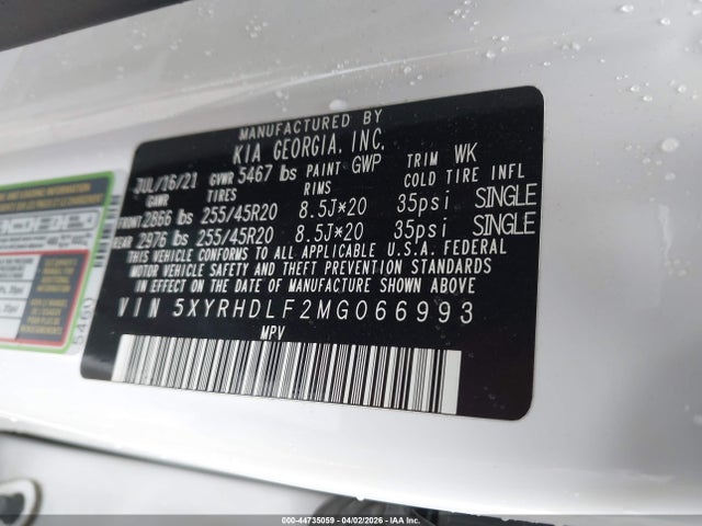 Aukcja sprzedaży 2021 Kia Sorento Ex, vin: 5XYRHDLF2MG066993, numer aukcji: 44735059