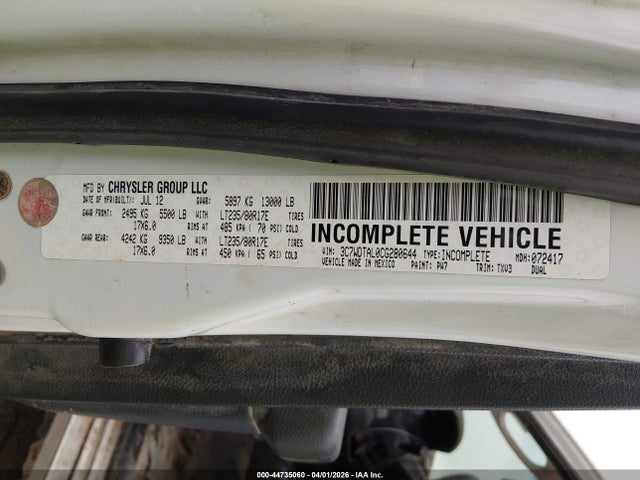 44735060 :رقم المزاد ، 3C7WDTAL0CG280644 vin ، 2012 Ram 3500 Chassis St/slt مزاد بيع