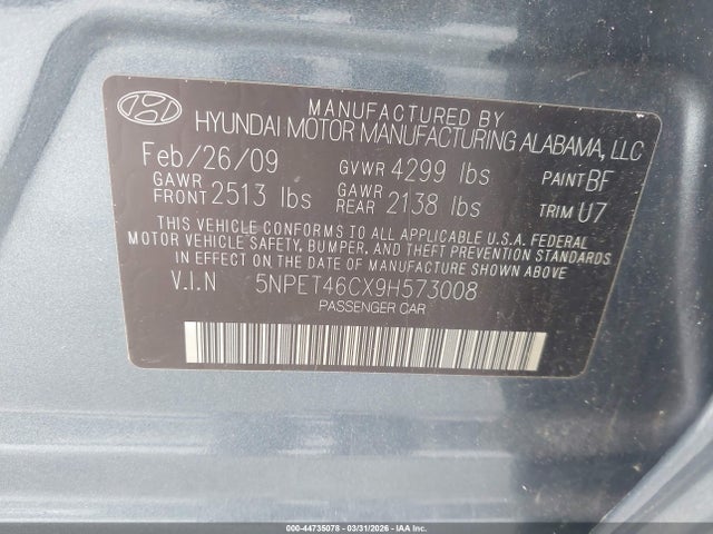 2009 Hyundai Sonata Gls მანქანა იყიდება აუქციონზე, vin: 5NPET46CX9H573008, აუქციონის ნომერი: 44735078