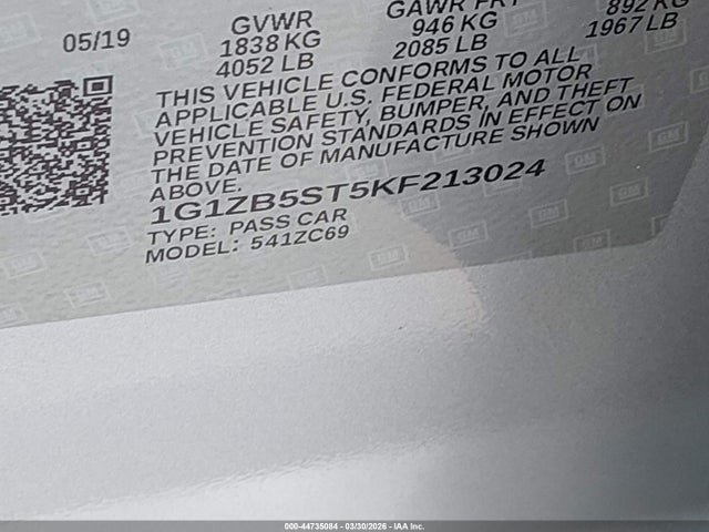 44735084 :رقم المزاد ، 1G1ZB5ST5KF213024 vin ، 2019 Chevrolet Malibu 1ls مزاد بيع