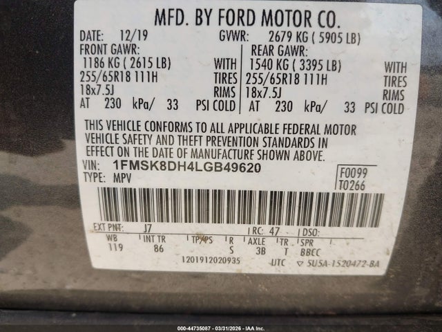 Продаж на аукціоні авто 2020 Ford Explorer Xlt, vin: 1FMSK8DH4LGB49620, номер лоту: 44735087