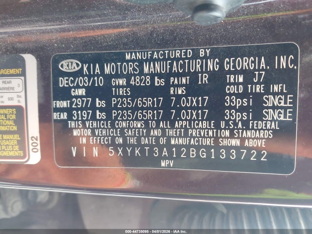 44735095 :رقم المزاد ، 5XYKT3A12BG133722 vin ، 2011 Kia Sorento Lx مزاد بيع