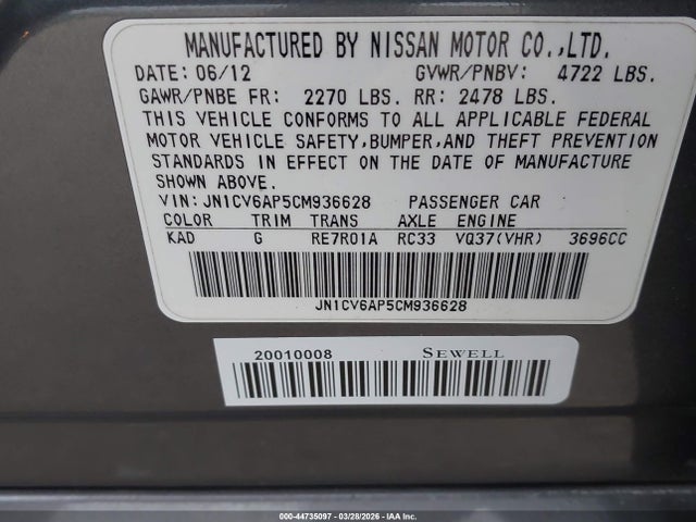 2012 Infiniti G37 Journey მანქანა იყიდება აუქციონზე, vin: JN1CV6AP5CM936628, აუქციონის ნომერი: 44735097