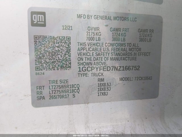 1GCPYFED7NZ166752 Chevrolet Silverado 1500 Ltd 4wd Short Bed Lt Trail Boss