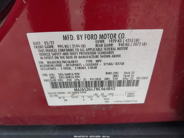 2022 FORD ECOSPORT MAJ6S3GL7NC464842 Photo 8