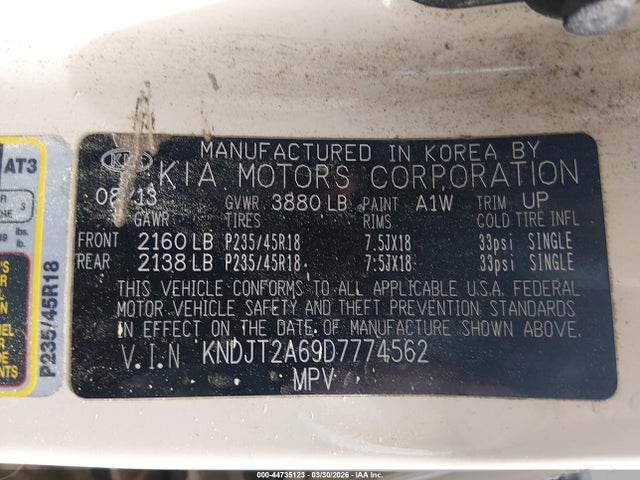 44735123 :رقم المزاد ، KNDJT2A69D7774562 vin ، 2013 Kia Soul ! مزاد بيع