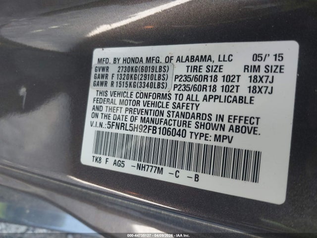 2015 HONDA ODYSSEY 5FNRL5H92FB106040 Photo 8